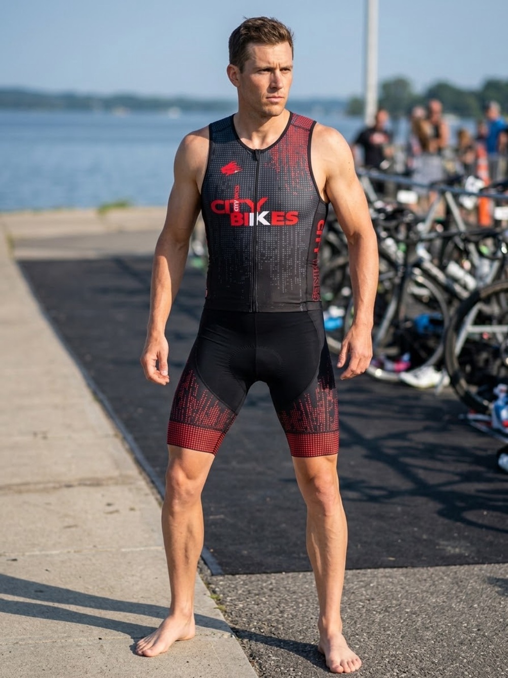 Men's Black and Red Athletic Cycling Suit/Triathlon - Performance Fit